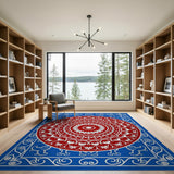 Red Mandala Blue Border Persian Rug