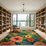 Vibrant Hibiscus and Palm Leaf Area Rug