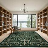 Green Heritage Tribal Area Rug with Gold Maze Patterns