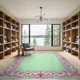Ornate Red Floral Border Green Area Rug