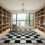 Distressed Checkered Black White Area Rug