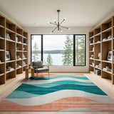 Abstract Teal Wave Washable Area Rug