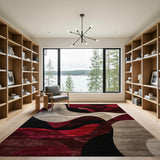 ODIKA Modern Abstract Wave Washable Area Rug - Low Pile, Non-Slip, Burgundy & Black