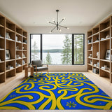 Yellow Swirl Abstract Area Rug on Deep Blue