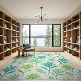 Teal Green Leaves Pattern Area Rug