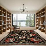 Red Poppy Floral Persian Area Rug on Black