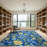 Vibrant Yellow Flowers on Navy Blue Area Rug