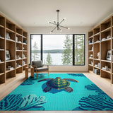Sea Turtle Coral Reef Blue Teal Area Rug