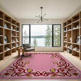 Pink Ornate Floral Vine Border Rug
