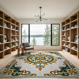 Ornate Teal Gold Persian Medallion Area Rug