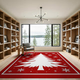 Festive White Christmas Tree Snowflakes Red Rug