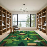 Whimsical Green Forest Kids Rug with Deer Tent