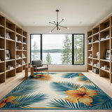 Teal Palm Fronds and Orange Hibiscus Area Rug