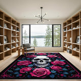 Pink Roses Skull Area Rug