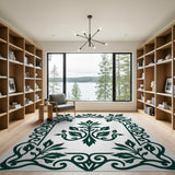 Ornate Green Leaf Frame Area Rug