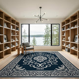 Ornate Navy Persian Area Rug with White Floral Motifs