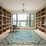 Vintage Blue Daisy Rug with Teal Ornate Frame