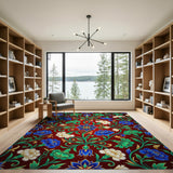 Exquisite Blue Floral on Crimson Vine Area Rug