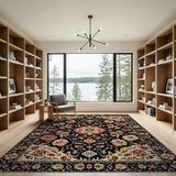 Black Persian Floral Area Rug with Red Motifs