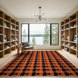 Vibrant Orange Black Check Area Rug