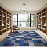 Navy Blue Gray Geometric Block Area Rug