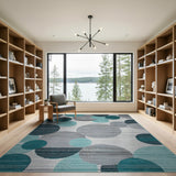 Teal Grey Abstract Circles Modern Area Rug