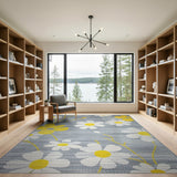 Grey Area Rug with White Daisies Yellow Centers