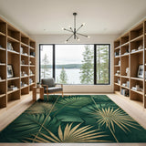 Emerald Green Palm Monstera Leaf Rug with Gold Accents