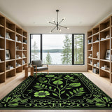 Green Ornate Green Floral Leaf Area Rug