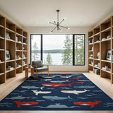 Playful Sharks Whales Navy Kids Area Rug