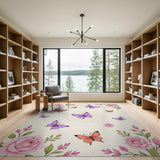 Pink Pink Roses and Butterflies Floral Area Rug