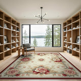ODIKA Washable Traditional Floral Area Rug - Non-Slip Low Pile Vintage Cream & Burgundy Rug