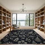 Vintage Cream Fern Wildflower Black Area Rug