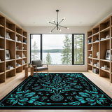 Teal Floral Botanical Area Rug on Black
