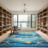 Coastal Blue Seashell Starfish Ocean Waves Rug