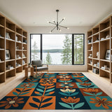 ODIKA Mid-Century Modern Retro Floral Washable Area Rug, Low Pile Non-Slip Pet & Kid Friendly Home Decor