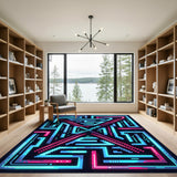 Neon Blue Geometric Maze Area Rug