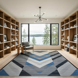 Modern Grey Chevron Rug with Blue Accents