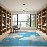 Whimsical Blue Sky Airplanes Kids Area Rug