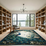 ODIKA Vintage Peacock Floral Washable Area Rug - Low Pile & Non-Slip Living Room Carpet