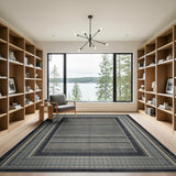 Indigo Striped Area Rug with Teal Geometric Border