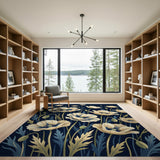 Cream Poppy Floral Area Rug on Navy