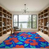 Vibrant Red Hibiscus on Blue Floral Area Rug