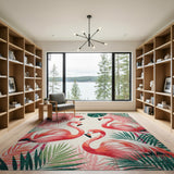 Vibrant Pink Flamingo Flock Tropical Leaves Rug