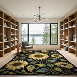 Vibrant Sunflower Floral Black Area Rug
