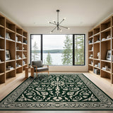 Ornate Green Ivory Floral Medallion Rug