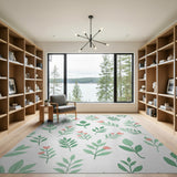 Lush Green Leaves Pink Flowers Pattern Area Rug