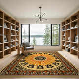 Orange Sunburst Geometric Area Rug with Ornate Border