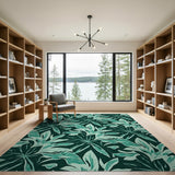 Teal Palm Leaf Area Rug on Emerald Green