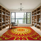 Vibrant Red Sunburst Mandala Area Rug